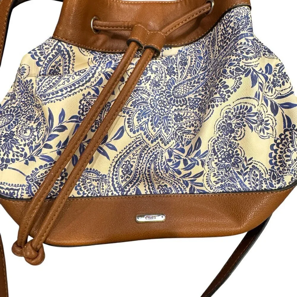 Vintage Chaps Floral Bucket Bag – Blue Paisley Print with Brown Leather Accents